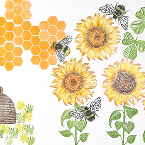 May include: A digital illustration of a beehive, bees, and sunflowers. The beehive is brown and made of woven material. The bees are black and yellow with wings. The sunflowers are yellow with brown centers. The background is white.