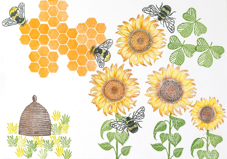 May include: A digital illustration of a beehive, bees, and sunflowers. The beehive is brown and made of woven material. The bees are black and yellow with wings. The sunflowers are yellow with brown centers. The background is white.