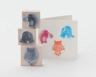 Set of 3 Retro Animal Stamps, Hedgehog Stamp, Elephant Stamp, Owl Stamp, Craft Rubber Stamp Set, Handmade Craft Stamps