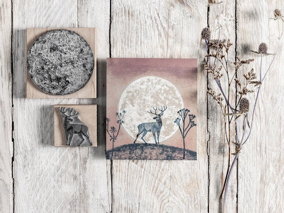 Stag and Full Moon Rubber Stamps | Wild Grass Stamps | Craft Stamp | Craft Gift | Journalling Stamps | Art Stamp