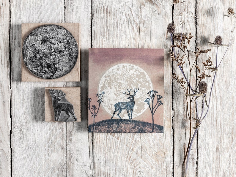 stag and moon rubber stamps for card making | craft gift | stamps for journaling