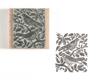 Mistle Thrushes in the Oak Tree, Bird Rubber Stamp, Songbird Stamp, English Garden Bird Stamp