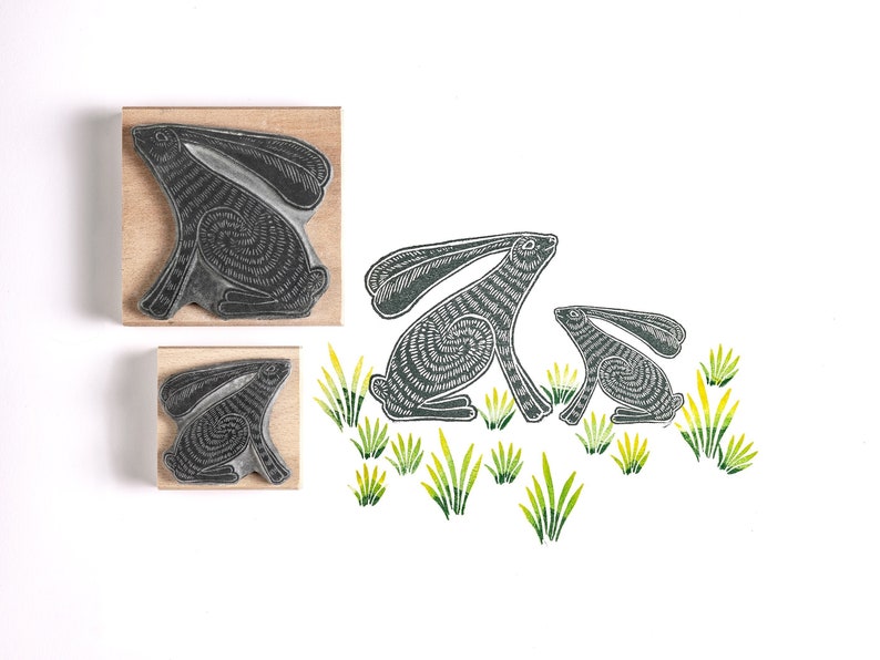 Sitting Hare Rubber Stamp, grass stamp, craft stamp, papercraft image 1