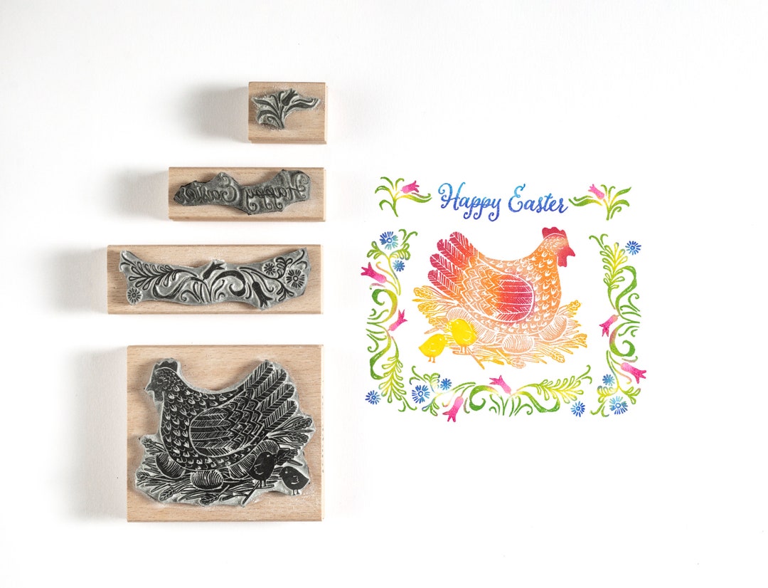 Mother Hen Easter Rubber Stamp and Folky Flowers, Easter Rubber Stamp ...