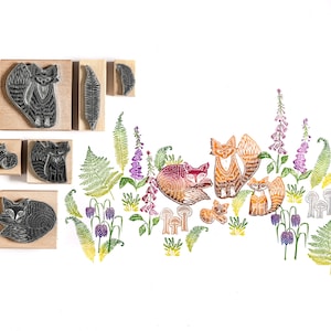 Timbres de famille fox avec fougères et fleurs boisées, timbres pour la fabrication de cartes