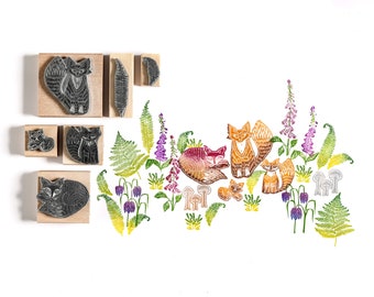 Fox Family Stamps with Ferns and Woodland Flowers, Stamps for card making