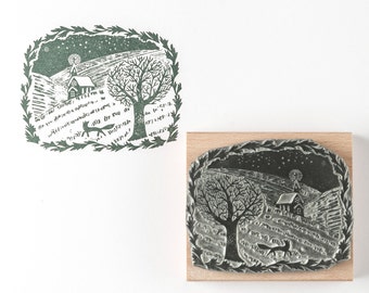 Winter Walk Rubber Stamp - christmas rubber stamp - landscape stamp - christmas stamp - christmas card - fox stamp - craft stamp