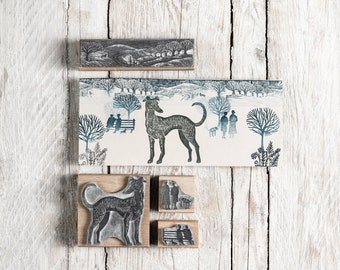 Greyhound Dog Stamp with Winter Landscape Scene Rubber Stamp