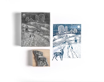 Snowy Farm Landscape Rubber Stamp