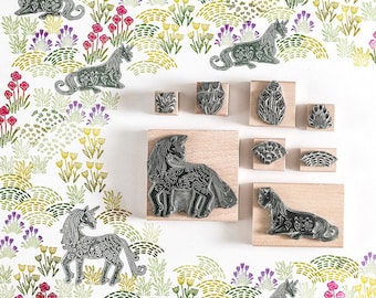 Unicorn Garden Rubber Stamps - unicorn stamp - garden stamp - foliage stamp - art stamp - nature stamp - craft gift
