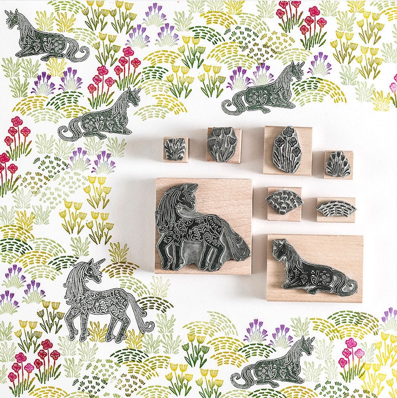 Unicorn Garden Rubber Stamps - unicorn stamp - garden stamp - foliage stamp - art stamp - nature stamp - craft gift