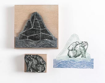 Polar Bear and Iceberg Rubber Stamps - polar bear stamp - iceberg stamp - craft stamp - art stamp - bear stamp - bear cub