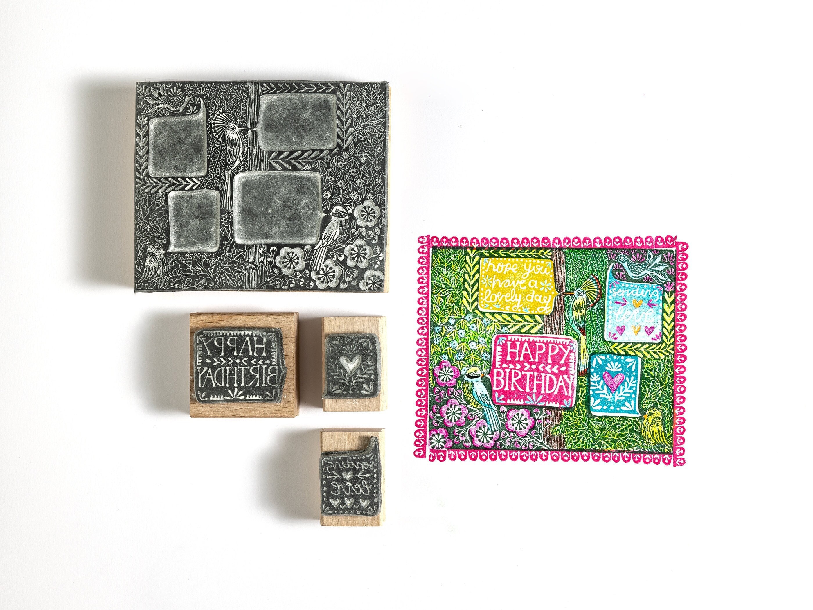 Birthday Card Rubber Stamps With Birds, Flowers and Speech Bubbles ...