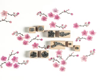 Conjunto de carimbos de borracha com flor de cerejeira: arte japonesa, criação de cartões