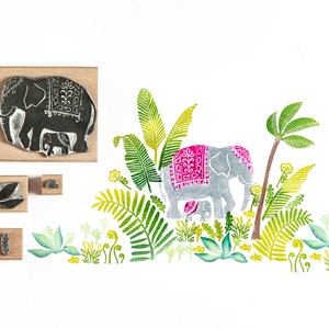 Elephant and Jungle Stamps Rubber Stamp Elephant Stamp Jungle Stamp Noolibirdstamps wildlife stamp Art Stamp craft stamp image 1