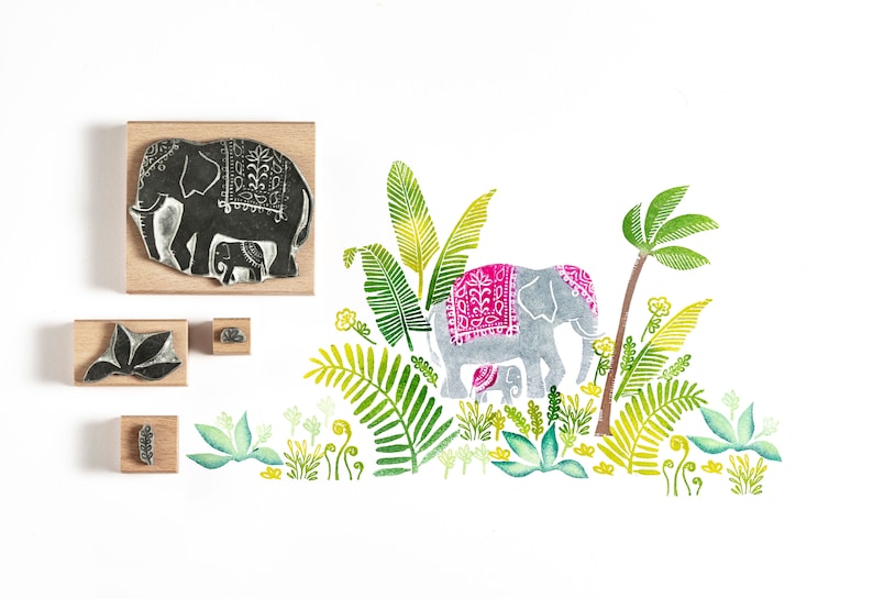 Elephant and Jungle Stamps Rubber Stamp Elephant Stamp Jungle Stamp Noolibirdstamps wildlife stamp Art Stamp craft stamp image 1
