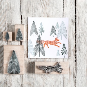 Fox and Fir Tree Rubber Stamp Fox Rubber Stamp Tree Rubber Stamp Noolibirdstamps Wooden Stamp Art Stamp craft stamp craft gift image 1