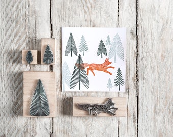 Fox and Fir Tree Rubber Stamp - Fox Rubber Stamp - Tree Rubber Stamp - Noolibirdstamps - Wooden Stamp - Art Stamp - craft stamp - craft gift