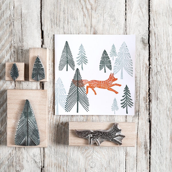Fox and Fir Tree Rubber Stamp - Fox Rubber Stamp - Tree Rubber Stamp - Noolibirdstamps - Wooden Stamp - Art Stamp - craft stamp - craft gift