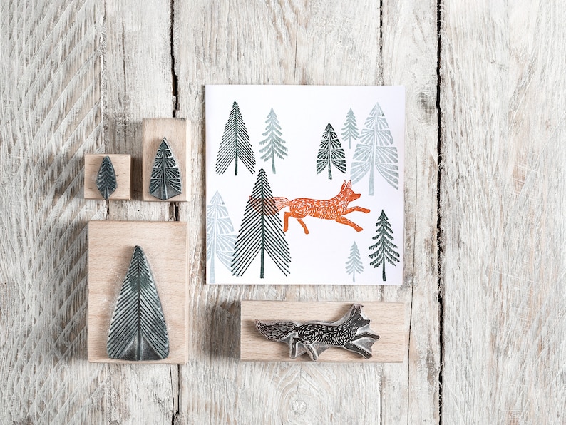 Fox and Fir Tree Rubber Stamp Fox Rubber Stamp Tree Rubber Stamp Noolibirdstamps Wooden Stamp Art Stamp craft stamp craft gift image 1