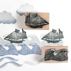 Sailing Ship, Waves and Cloud Rubber Stamps - ship stamp - sea stamp - cloud stamp - marine stamp