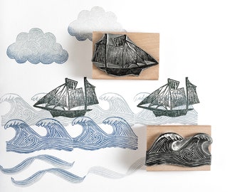 Sailing Ship, Waves and Cloud Rubber Stamps - ship stamp - sea stamp - cloud stamp - marine stamp