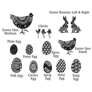 May include: Black and white illustrations of Easter themed images, including hens, chicks, bunnies, and eggs. The eggs have different patterns, including plain, daisy, folk, circles, sprig, petal, and tulip.