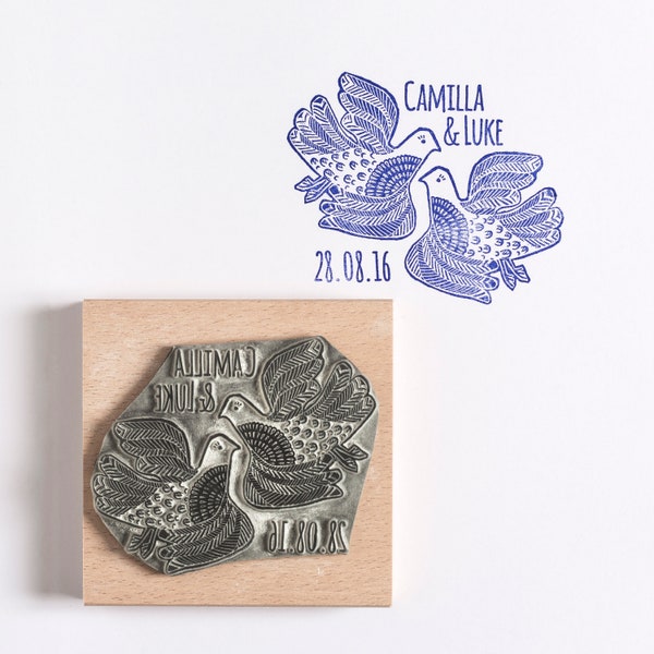 Personalised Lino Cut Love Birds Rubber Stamp