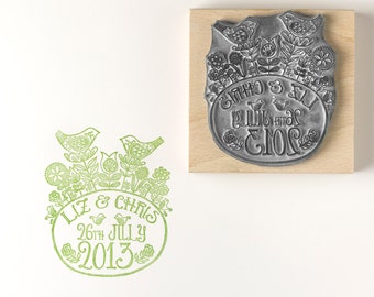 Flower Birds Personalised Wedding and Save the Date Rubber Stamp