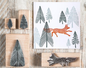 Fox and Fir Tree Rubber Stamps, Fox Stamp, Tree Stamp, Christmas Rubber Stamps, Craft gift, stamps for card making