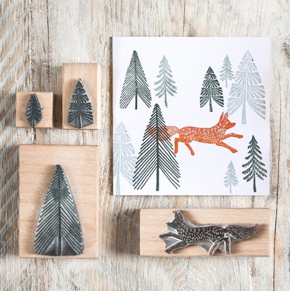 Fox and Fir Tree Rubber Stamps, Fox Stamp, Tree Stamp, Christmas