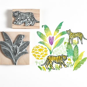 Tiger und Leopard Stempel mit Dschungel Blätter
