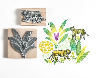 Tiger and Leopard Rubber Stamps with Jungle Leaves