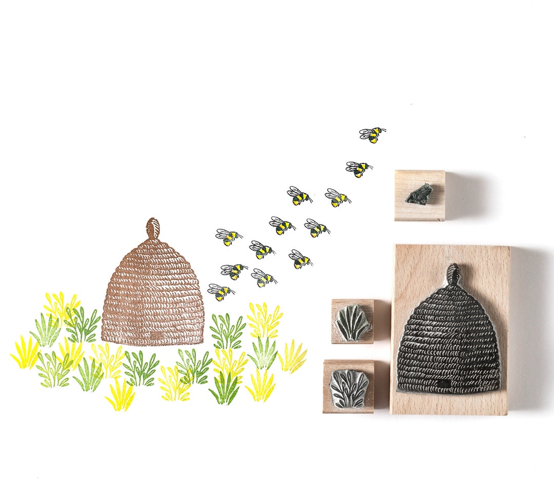 Bee Hive and Tiny Bee Rubber Stamps, Beehive Stamp, Bee Stamp, Noolibird Stamps, Wooden Stamp