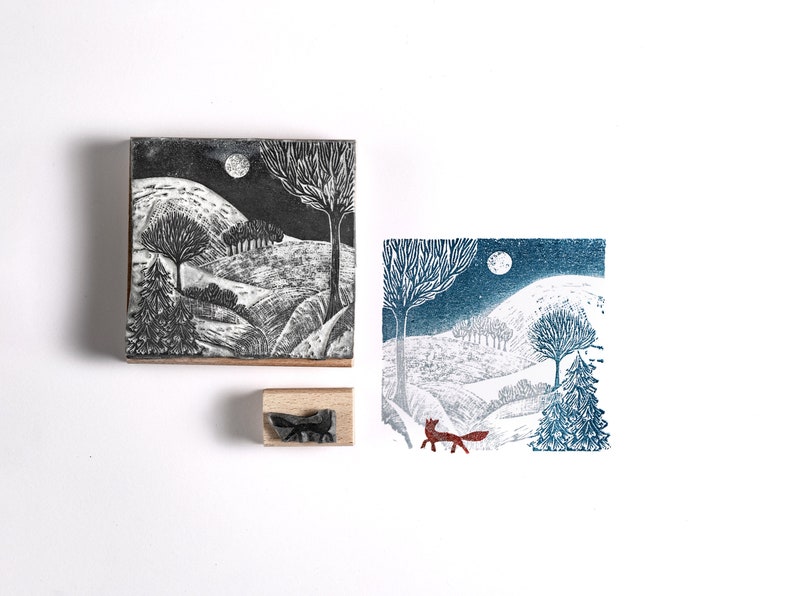 Winter Landscape and Stag Stamp, Christmas Rubber Stamp, Stag Stamp, Pheasant Stamp image 2