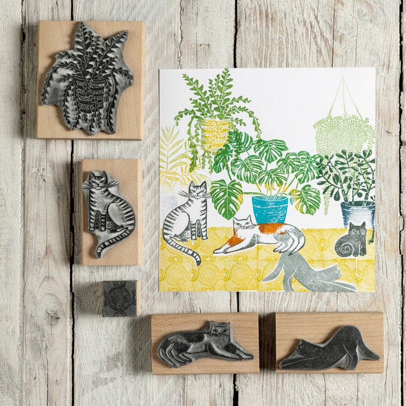 Cat Rubber Stamps, House Plants, Tile Pattern Stamps for card making, gift for cat lover image 6