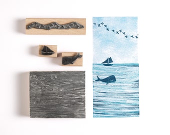 Sea Rubber Stamp, Waves and Sea Stamps for card making, Whale stamper