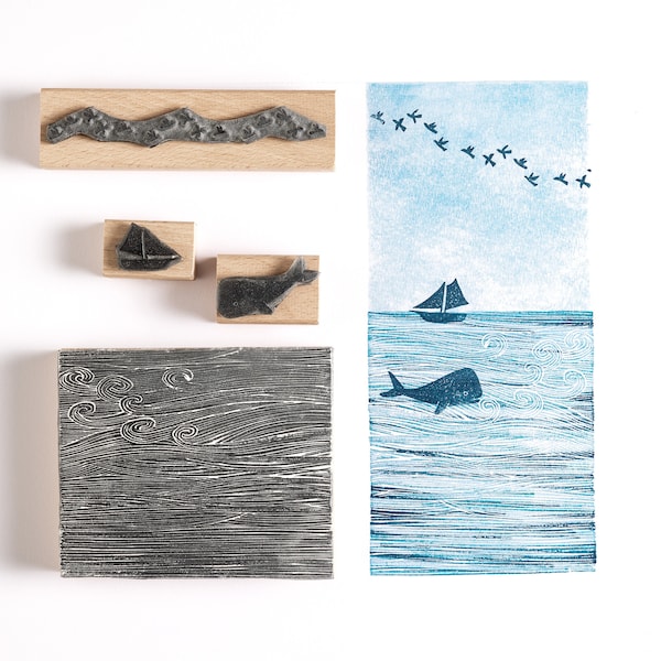 Sea Rubber Stamp, Waves and Sea Stamps for card making, Whale stamper