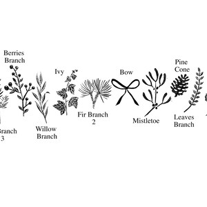 May include: Black and white line drawings of various holiday greenery, including fir branches, berries, holly, mistletoe, pine cones, ivy, willow, and a bow. The text labels each item.