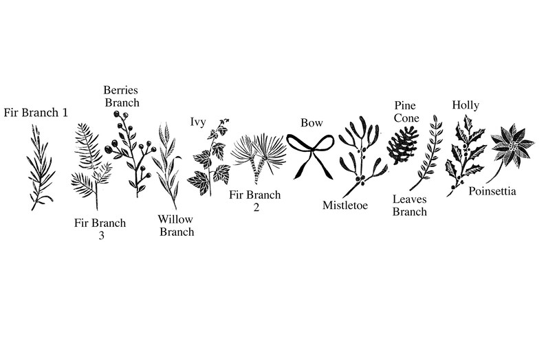 May include: Black and white line drawings of various holiday greenery, including fir branches, berries, holly, mistletoe, pine cones, ivy, willow, and a bow. The text labels each item.