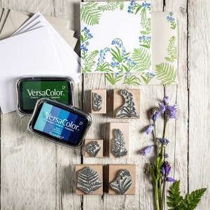 Ensemble cadeau jacinthe des bois, myosotis et fougères, coffret cadeau créations, coffret cadeau créations botaniques, ensemble d'estampes sur bois et de tampons encreurs.