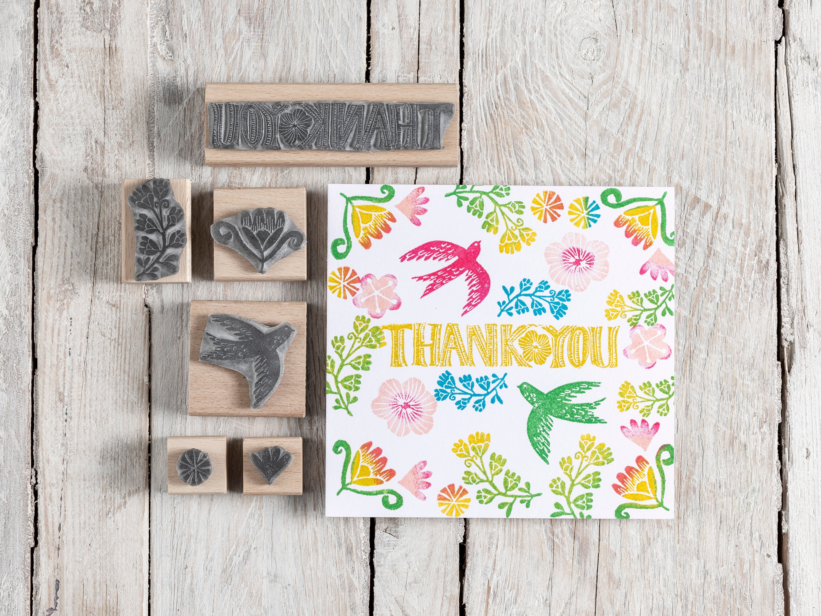 Thank You Rubber Stamp With Birds and Flowers - Etsy
