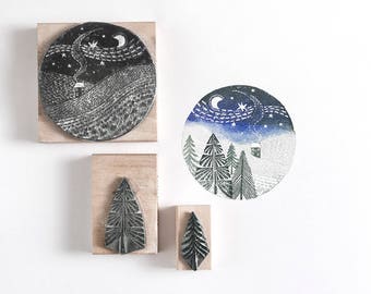 Christmas Rubber Stamp, Little House in the Snow - christmas stamps - fir tree - christmas gift - christmas card - craft stamp