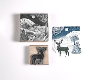 Winter Landscape and Stag Stamp, Christmas Rubber Stamp, Stag Stamp, Pheasant Stamp