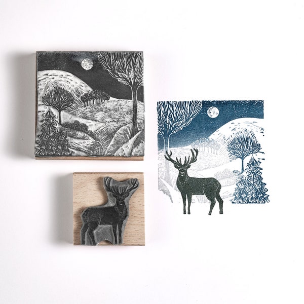 Winter Landscape and Stag Stamp, Christmas Rubber Stamp, Stag Stamp, Pheasant Stamp