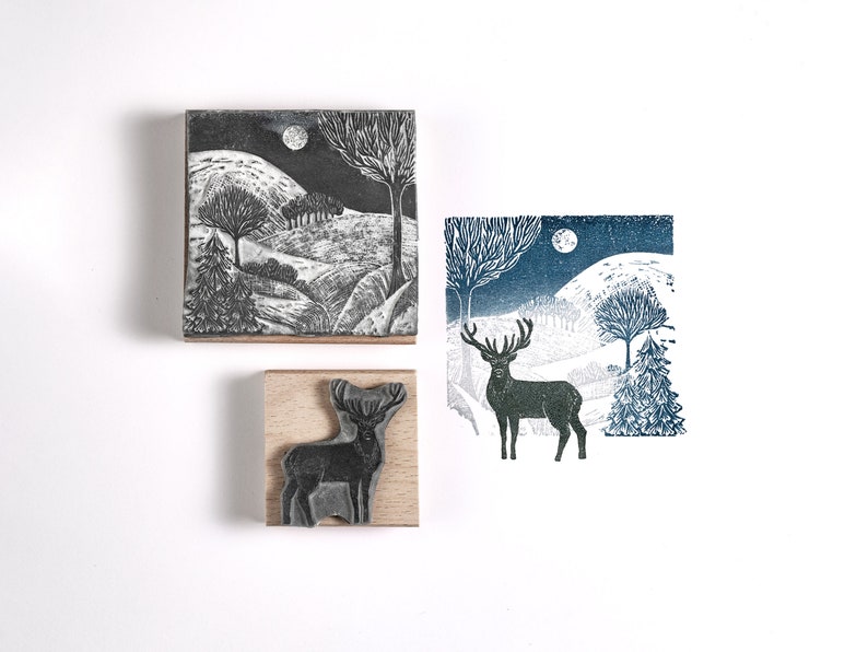 Winter Landscape and Stag Stamp, Christmas Rubber Stamp, Stag Stamp, Pheasant Stamp image 1