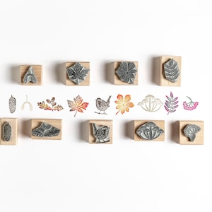 Op de afbeelding: Een verzameling houten stempels met ontwerpen geïnspireerd op de natuur. De stempels bevatten bladeren, een vogel en andere botanische elementen. De ontwerpen zijn in grijstinten en zijn gemonteerd op kleine, vierkante houten blokken. De afbeelding staat op een witte achtergrond.