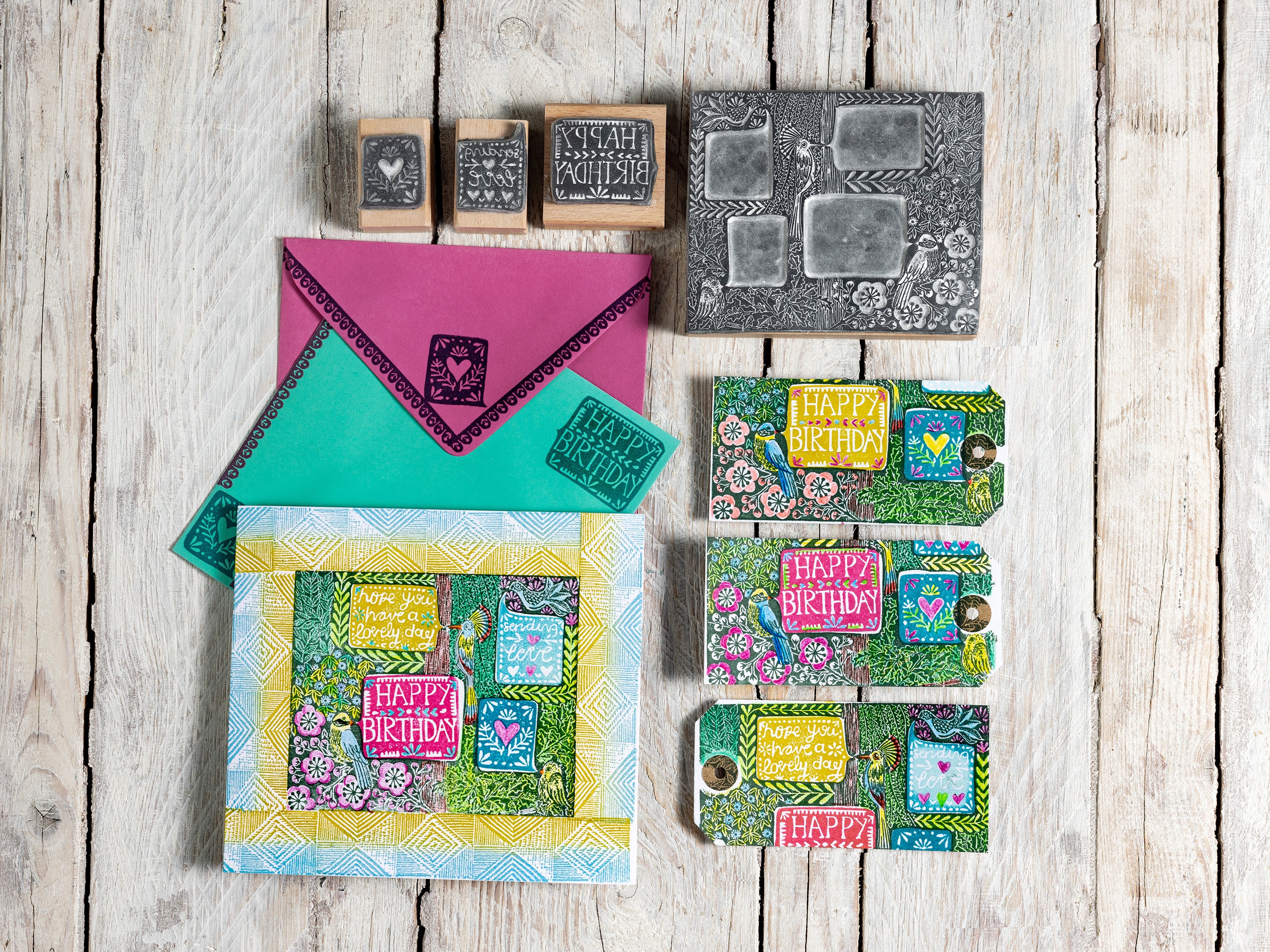 Birthday Card Rubber Stamps With Birds, Flowers and Speech Bubbles ...