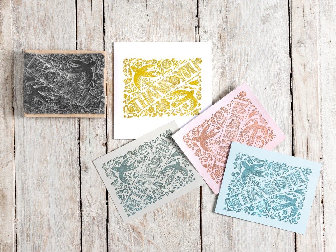 Thank You Rubber Stamp With Birds and Flowers - Etsy