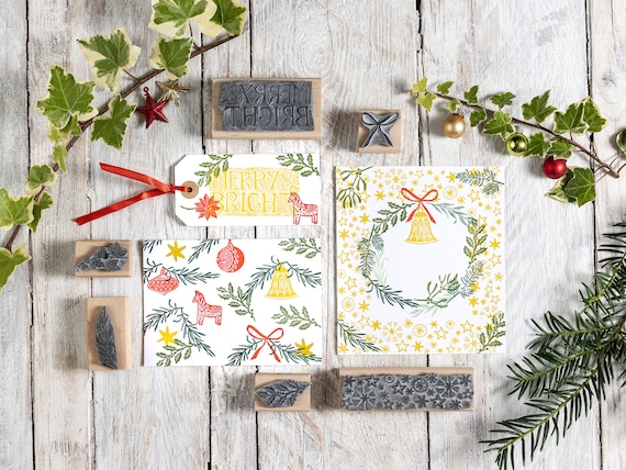 Christmas Rubber Stamps, Holly, Mistletoe, Fir, Poinsettia, Stamp for Christmas card making